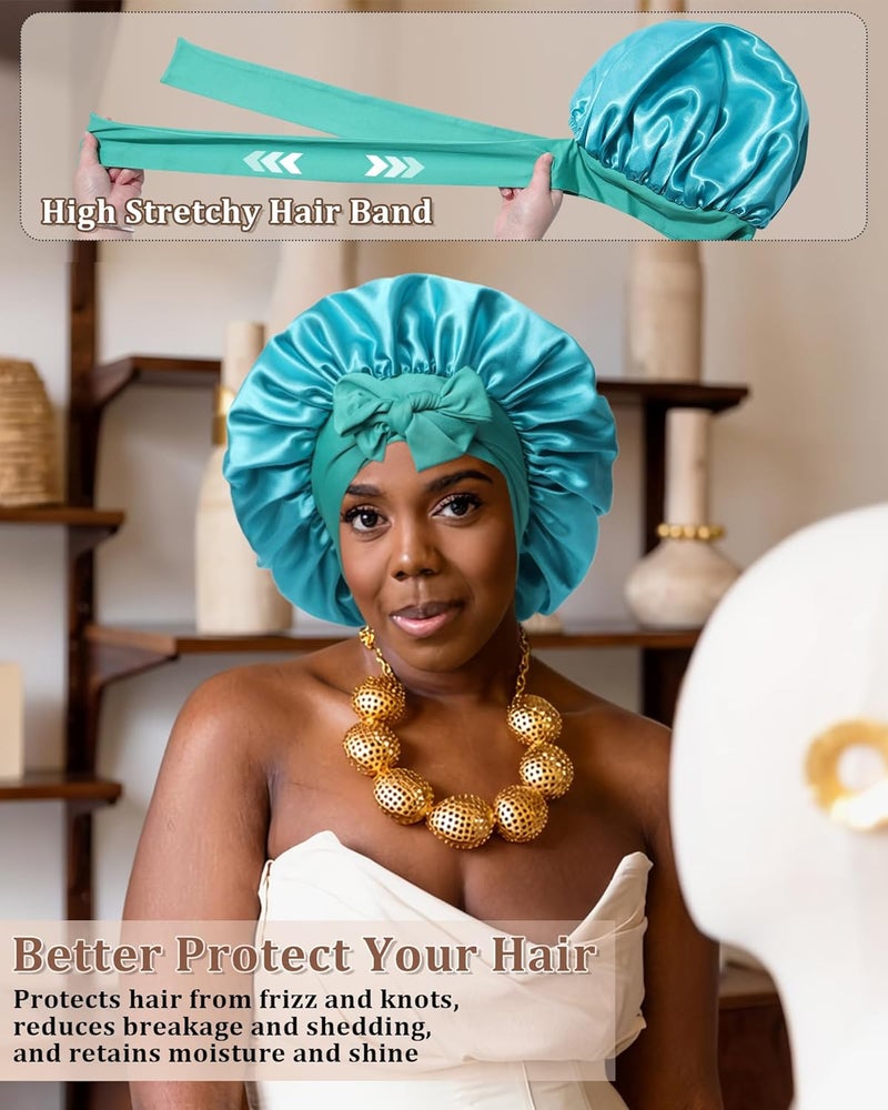 CHLINS Reversible Satin Bonnet for Sleeping Women Double Layer Hair Bonnet with 2PCS Hair Scrunchies Elastic Tie Band Night Cap - Image 3